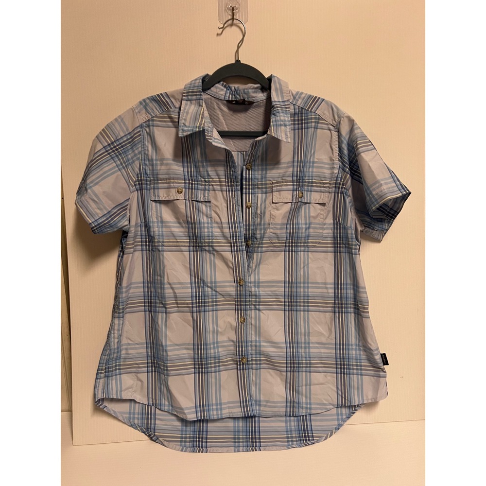 Eddie Bauer Blue Plaid Short Sleeve Hiking Shirt Womens XL Mesh Back Yoke